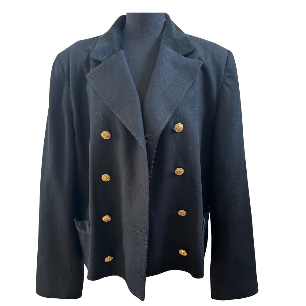 Brooks Brothers Black Wool Blazer Velvet Collar Gold Buttons Size 14